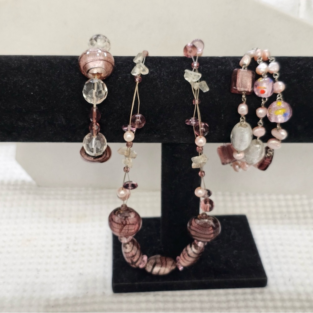 Glass Foil Bead and Pearl Necklace & Bracelets Bundle Set Shimmery Pink & Brown - Picture 5 of 12
